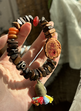 S925银蜜蜡天珠沉香玛瑙护身符弹力绳手串手链 S08778