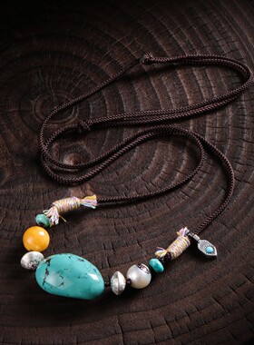 随型松石珍珠镶嵌圆珠蜜蜡项链对折约41cm S925银 N19005