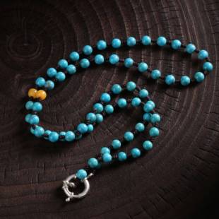 N18985 简约百搭民族风 吊坠925银 蓝色圆珠老型珠圆形扣项链时尚