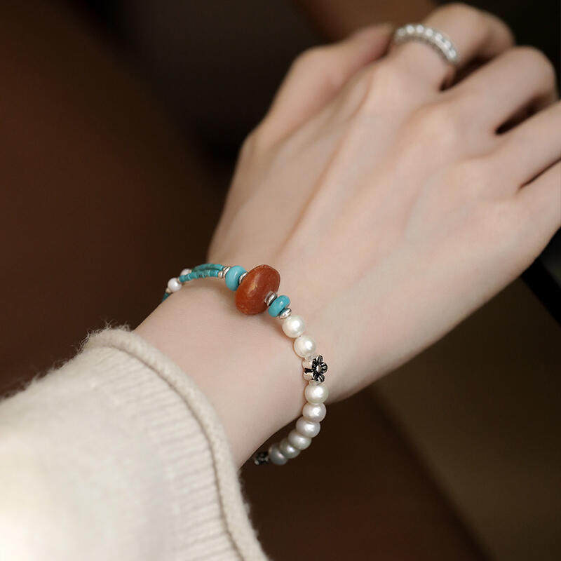 925银手链绿色小管蜡蜡饼子五瓣花手链复古百搭简约民族风 S13086