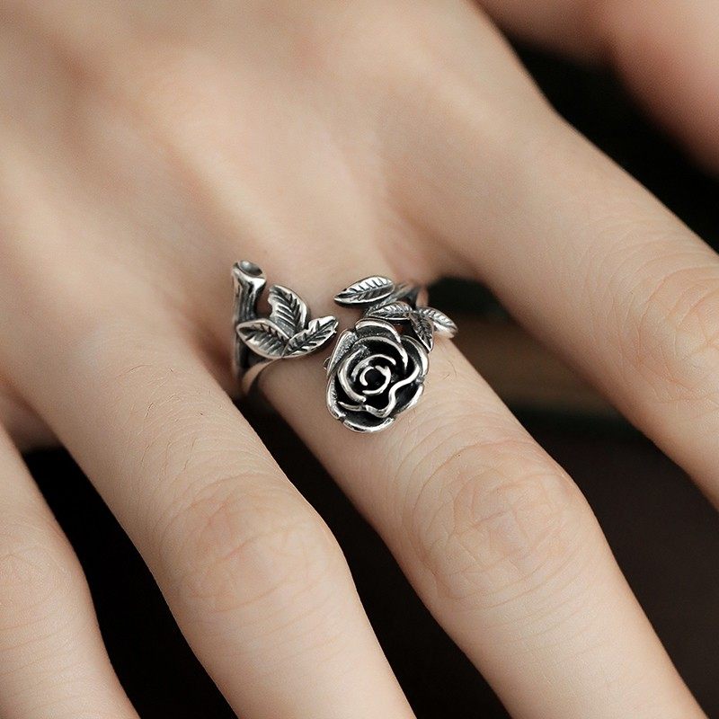 925银戒指玫瑰花做旧花朵开口戒指复古时尚民族风手工百搭 J13560