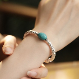 925银手链 S13042 肌理弯管六字真言串珠扎基吊牌手链民族风百搭