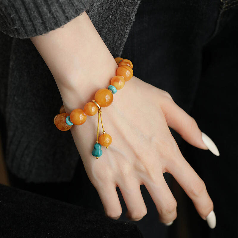 S925银蜜蜡六芒星金色桶珠弹力手串多样性百搭简约 S12939