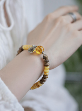 S925银蜜蜡沉香琥珀圆珠扎基拉姆弹力手串手链S08500