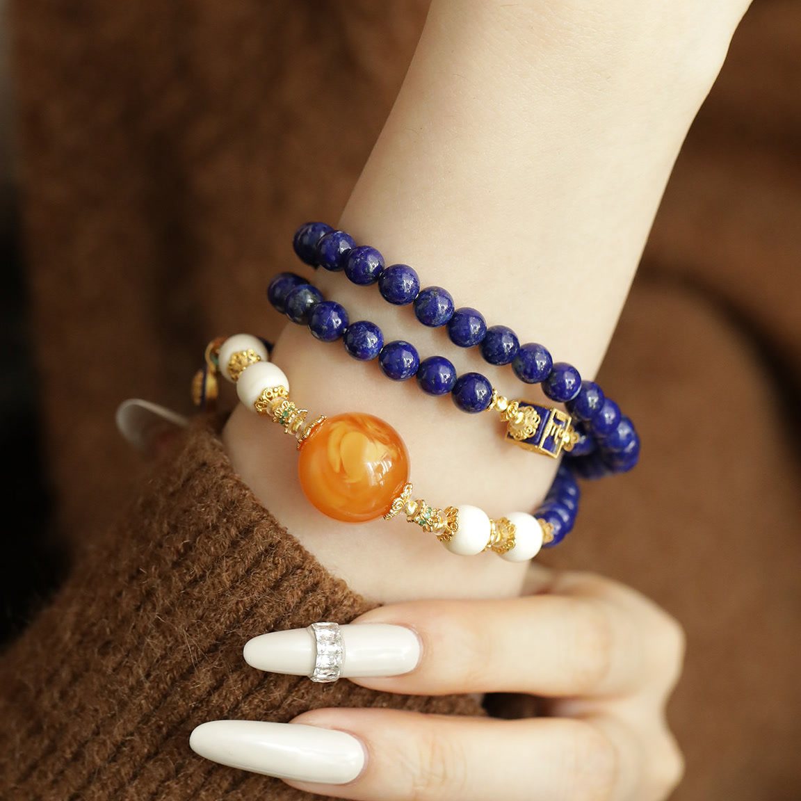 青金石蜜蜡黄财财手串时尚百搭多层民族风手串女款蓝色珠珠S12963