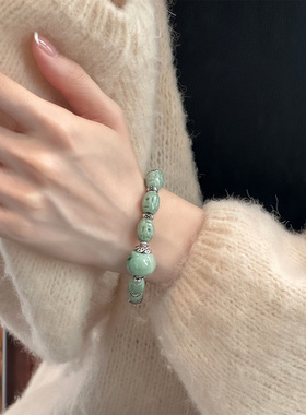 S925银翡翠苹果珠雕刻镂空桶珠狮子绣球扣手链复古新中式 S09224