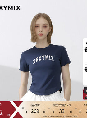 xexymix杰克茜 女前胸logo印花肩部撞色条短袖T恤防晒 XFK2TS1102