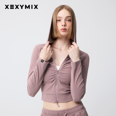 xexymix杰克茜韩国软糯绒感前襟褶皱连帽外套上衣新款XFL3JL1113C