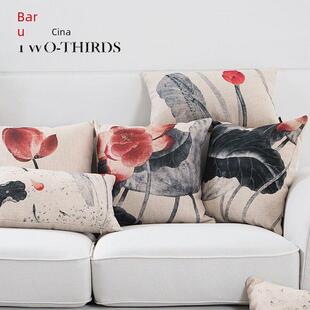 现代新中式沙发抱枕靠垫亚麻红木座椅靠枕水墨荷花抱枕枕套不含芯