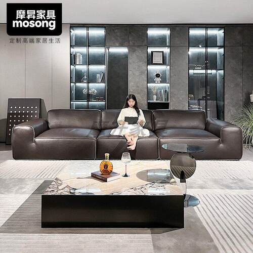 意式极简夏图MD网红现代别墅横厅大坪数客厅全真皮大黑牛沙发组合