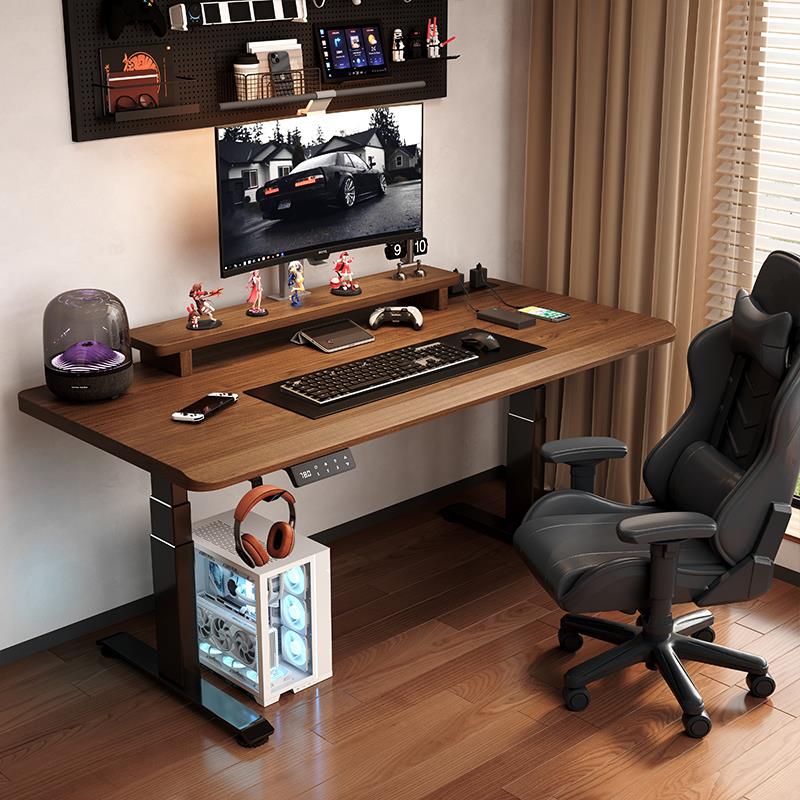 北美黑胡桃木实木电动升降桌3cm加厚电竟桌书桌电脑可升降工作台