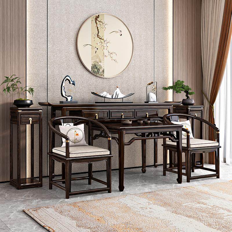 新中式实木中堂六件套乌金木农村堂屋八仙桌供香桌神台条案翘头桌