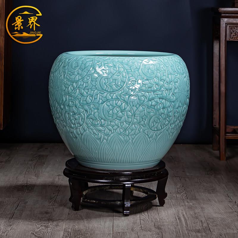 景德镇陶瓷轻奢影青釉雕刻大号鱼缸乌龟荷花盆客厅书画 画收纳桶
