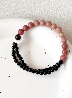 【粉墨月夜】原创女生时尚红纹石黑玛瑙串珠手链白蝶贝月亮手串