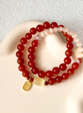 【簪冬青】原创红色新年手链大吉大利手工红玛瑙猫眼石串珠手串