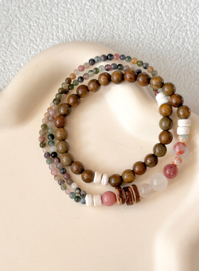 【烟浔渺渺】新中式手工木质手串原创绿檀碧玺国潮文玩男女款手链