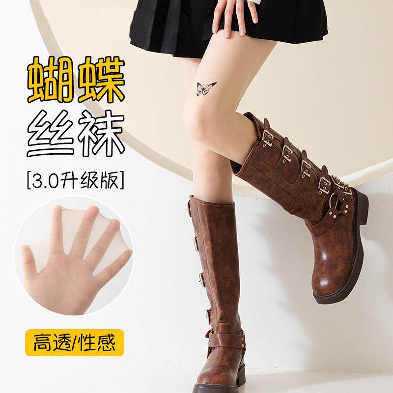 纹身丝袜女薄款防勾丝夏季蝴蝶印花肉色丝袜纯欲jk辣妹美肤袜