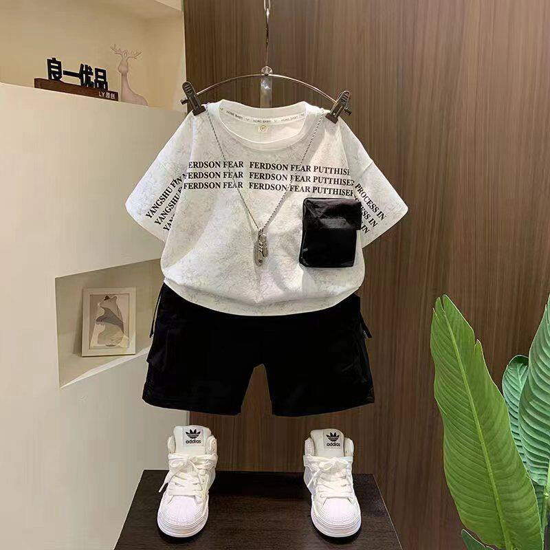 正品亲子男童夏装工装短袖套装2025新款痞帅中大童炸街男宝两件套