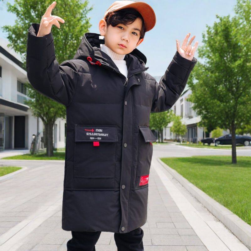 正品亲子男童羽绒服字母加厚2026新款冬装中大童长款韩版过膝外套