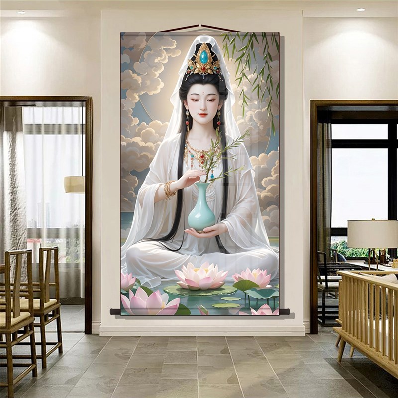 热销白衣观音画像保平安佛堂供奉挂画观世音菩萨佛像挂画丝绸画卷