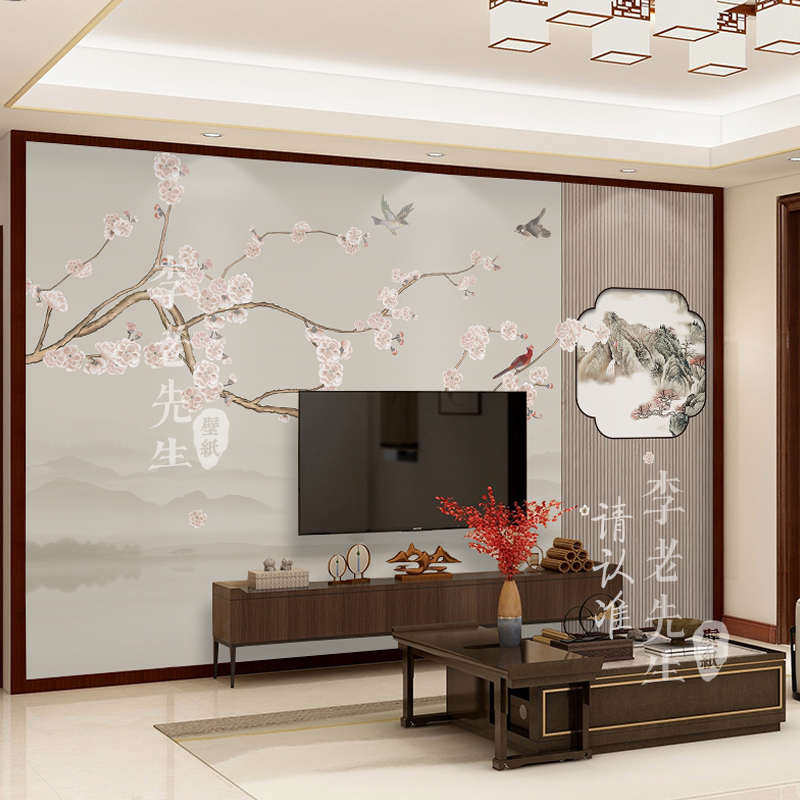 热销梅兰竹菊墙布背景墙壁纸新中式电视墙壁画客厅花鸟山水沙发墙