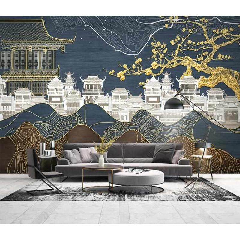 热销轻奢金色浮雕线条中式山水壁布电视背景墙壁画客厅沙发墙布墙