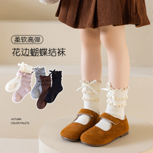 女童袜子春秋季纯棉a类儿童木耳边蝴蝶结配裙子秋冬堆堆中长筒袜