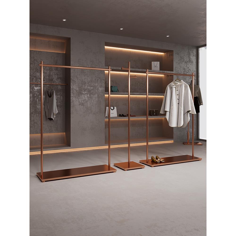 服装商店展示架地板站立不锈钢玫瑰金拉丝服装悬挂展示架女装专用