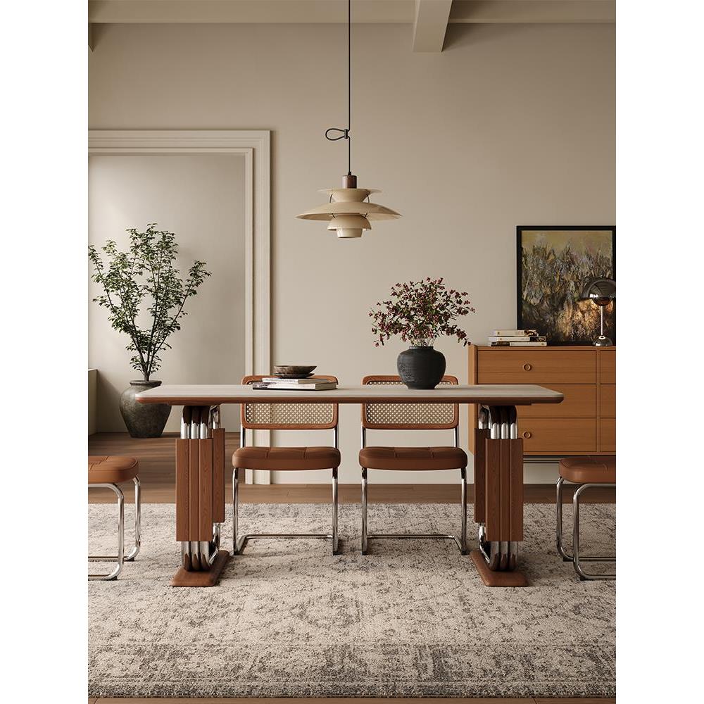 中古风洞石岩板餐桌长方形中古风客厅家用小户型覆古实木岩板餐桌