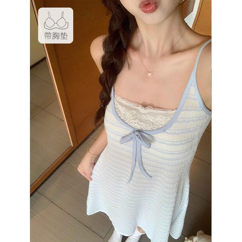 带胸垫睡裙女款2026新款夏季甜美蓝色条纹大尺码棉绸吊带睡衣可外