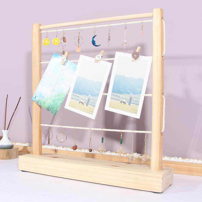 创意麻绳夹子相框相架实木桌面照片墙组合耳环挂架耳饰收纳展示架