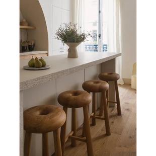 中古风全实木小户型简约吧椅法式 样板间家用高脚椅覆古吧台椅