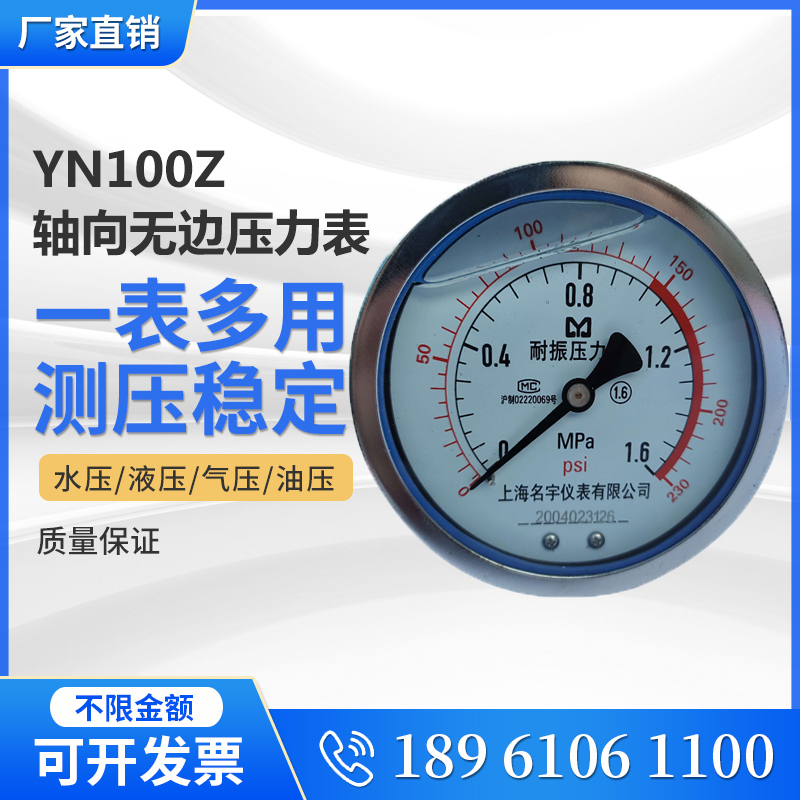 YN60Z/YN100Z轴向安装无边耐震压力表水处理水压表储气罐耐震表