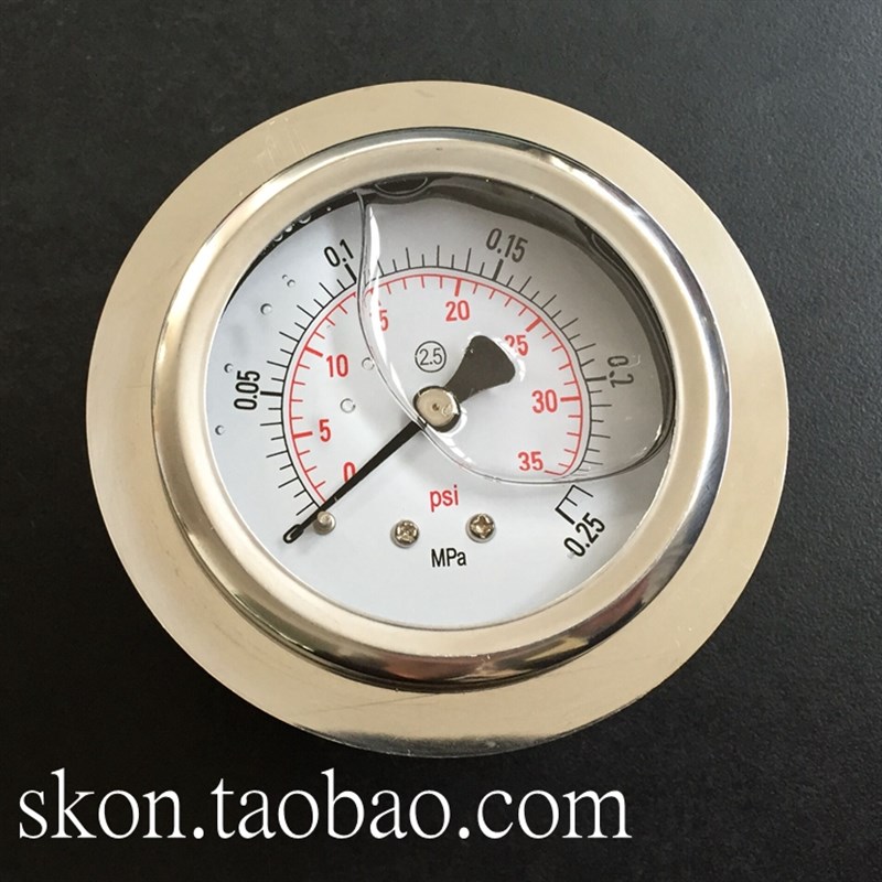 充气泵压力表YN60ZT不锈钢充液油压表0-0.25MPa轴向耐震G1/4支架