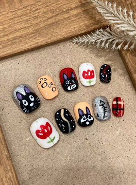 mmuse家-手工穿戴甲短款甲片可爱手绘猫咪卡通美甲假指甲贴片美甲