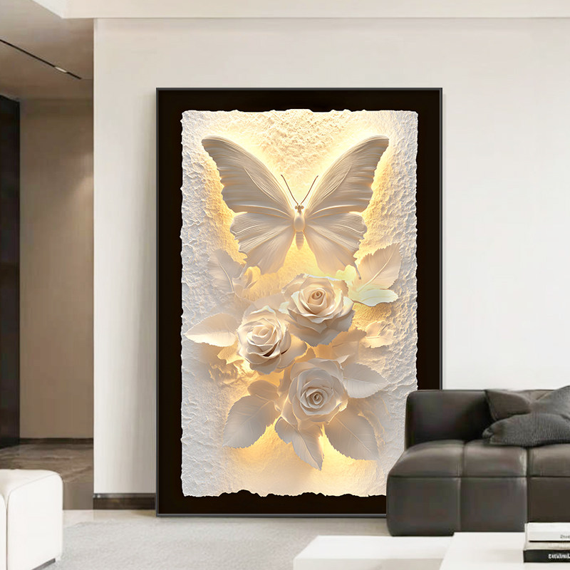 现代简约玫瑰花蝴蝶装饰画客厅沙发背景墙壁画高级感玄关走廊挂画