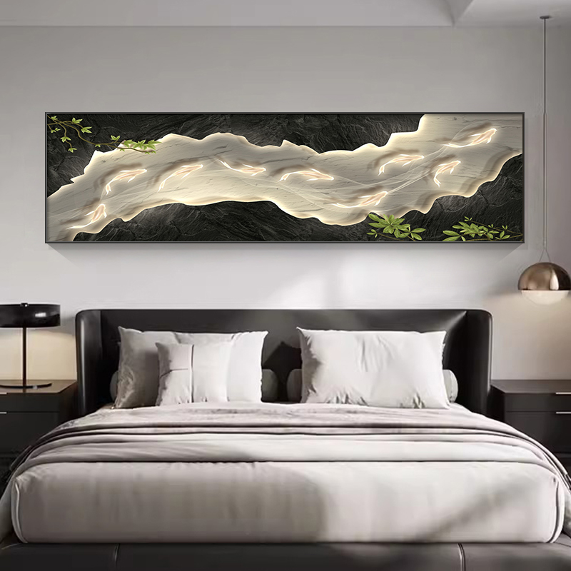 现代简约卧室装饰画抽象艺术床头背景墙挂画九鱼图主卧房间床头画图片
