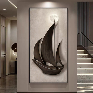 一帆风顺玄关装饰画 画轻奢高级感砂岩画 画楼梯间壁画 画入户走