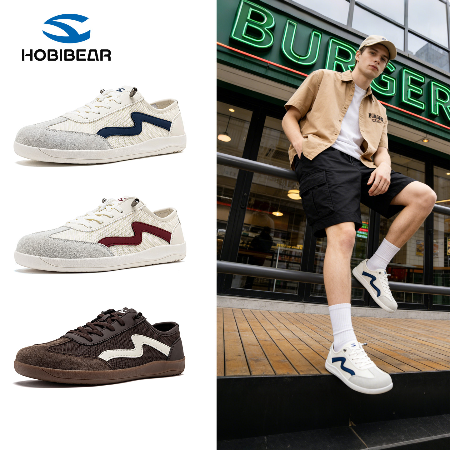 HOBIBEAR德训鞋男春夏季复古薄底网面透气健身平底宽楦运动休闲鞋
