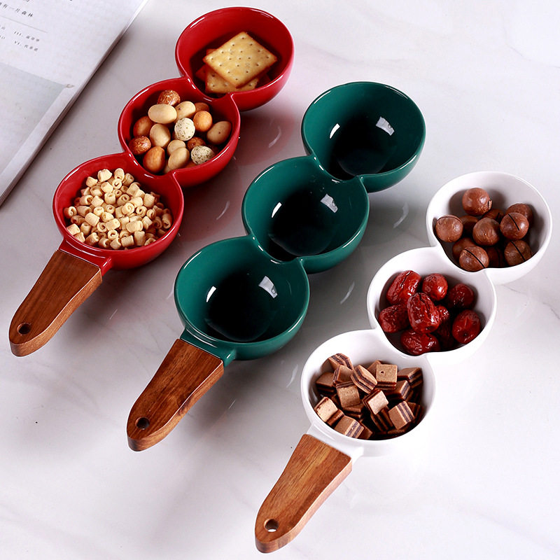 欧式分格干果盘子高级感带木柄客厅新年零食盘瓜子糖果坚果盘