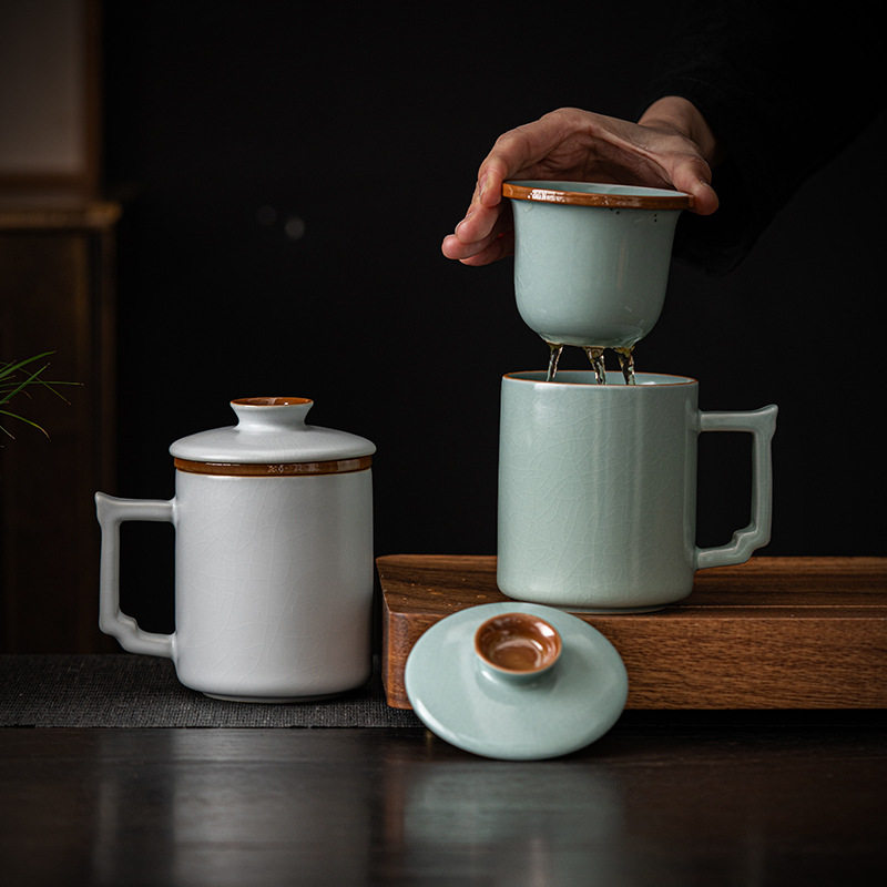 茶杯办公室汝窑马克杯陶瓷高档精致汝瓷办公杯过滤茶水分离杯送礼