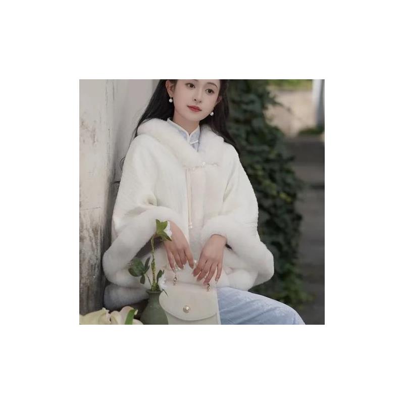 热销加厚绒披肩冬季结婚斗篷外搭配旗袍婚礼服毛茸茸领白色温柔仙
