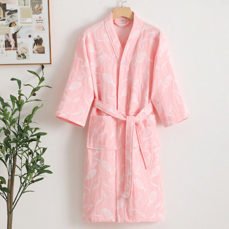 秋若薇带帽带扣儿童纱布浴袍纯棉卡通鱼三层柔软宝宝和服浴衣春夏