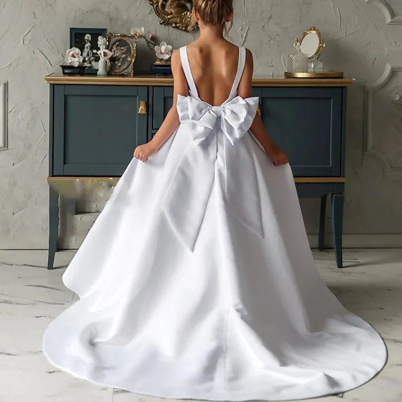 高端女大童小提琴演出钢琴演奏公主裙儿童舞台走秀白色拖尾晚礼服