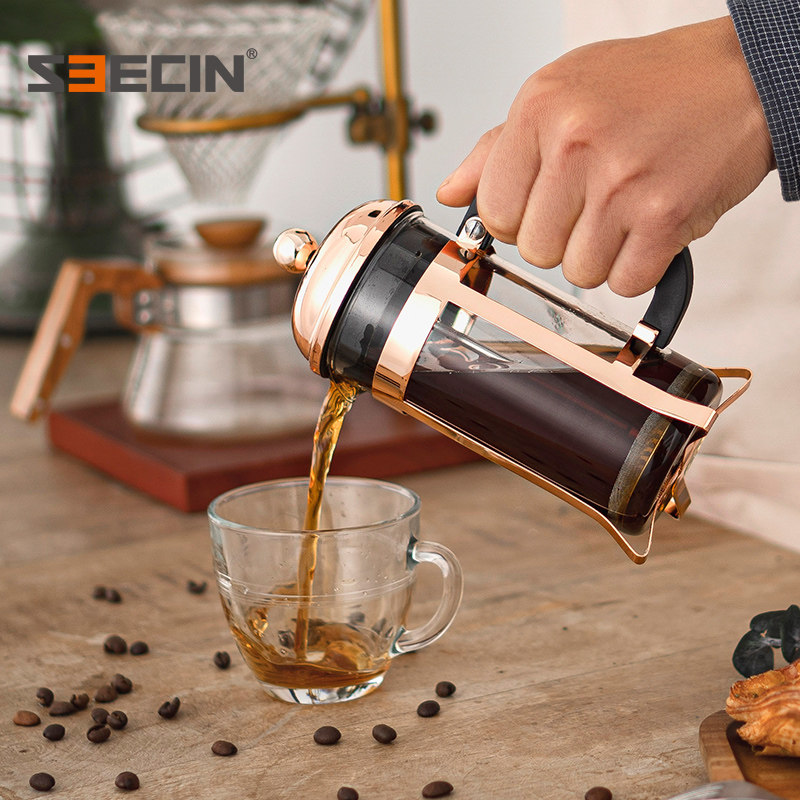 seecin玻璃法压壶不锈钢法式咖啡过滤杯手冲咖啡壶家用冲茶冷水壶