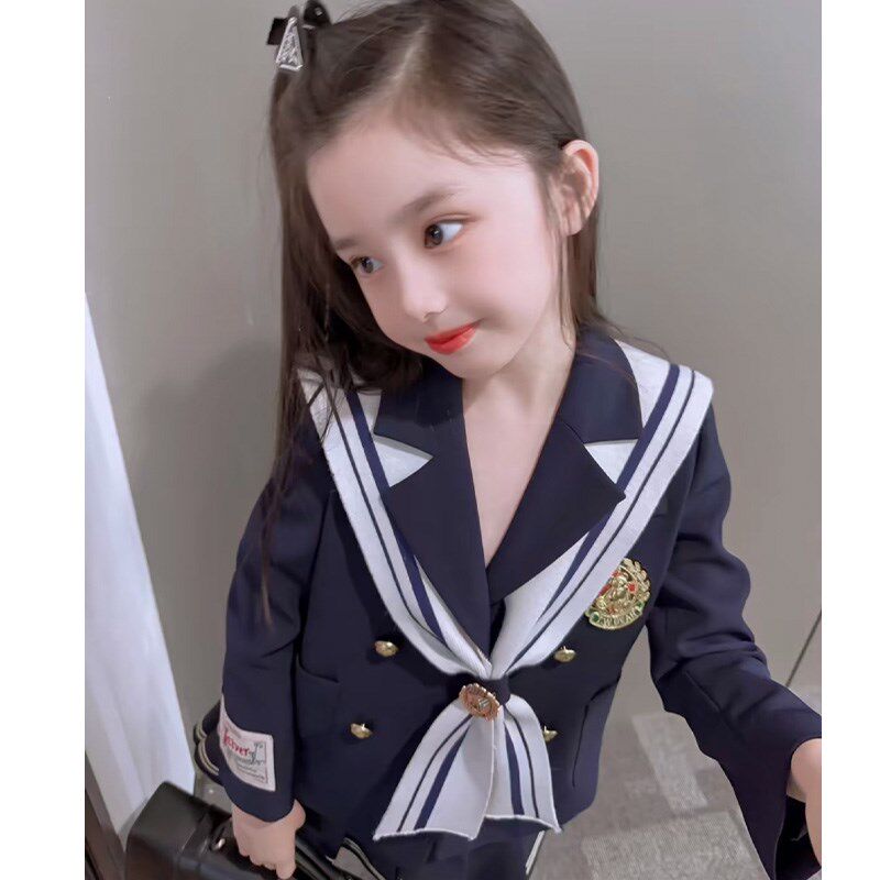 韩国女童秋装2023新款洋气时髦英伦学院风外套百褶裙两件套装校服