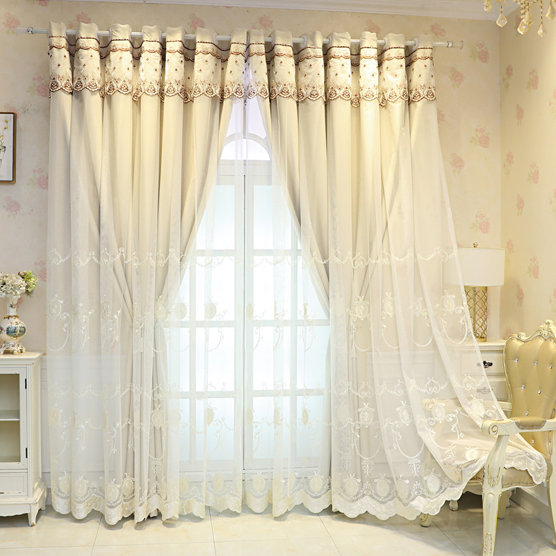 欧式简约双层绣花窗帘窗纱全遮光布隔音隔热客厅卧室阳台高档大气