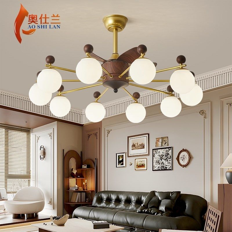 中古式风扇灯客厅吸顶灯复古胡桃木纹摇头电吊扇魔豆全屋别墅灯具