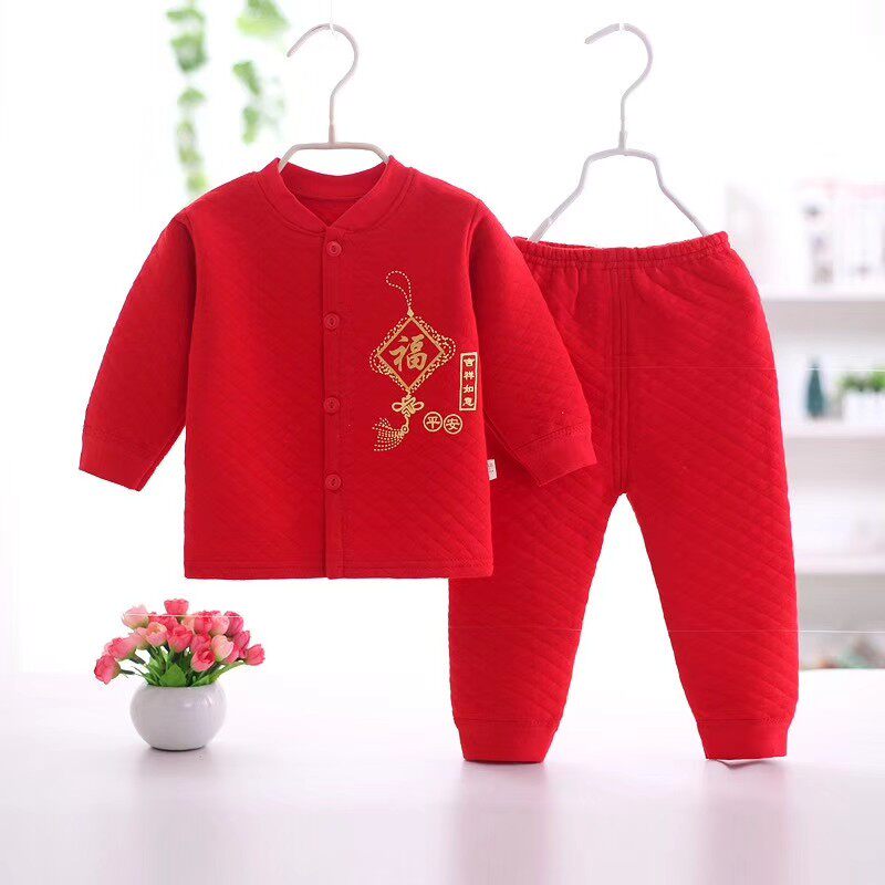 婴儿保暖套装红色满月百天服宝宝纯棉三层加棉春秋新款儿童衣服