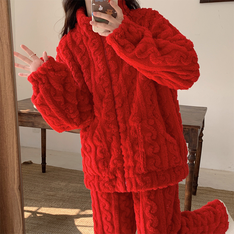 珊瑚绒睡衣女秋冬季长袖拉链款甜美加绒加厚保暖法兰绒家居服套装